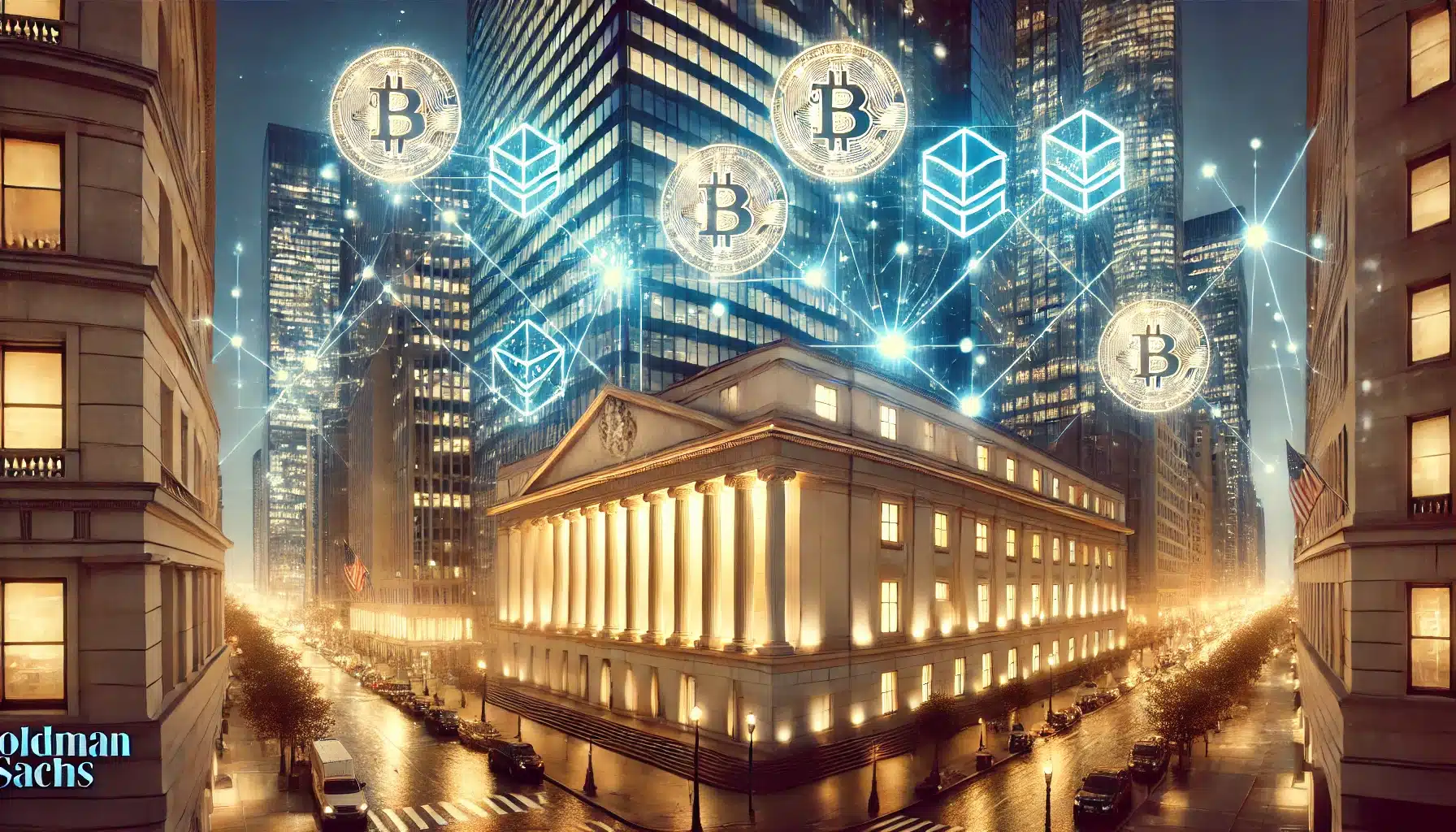 Goldman Sachs headquarters with Bitcoin and blockchain elements representing its crypto shift