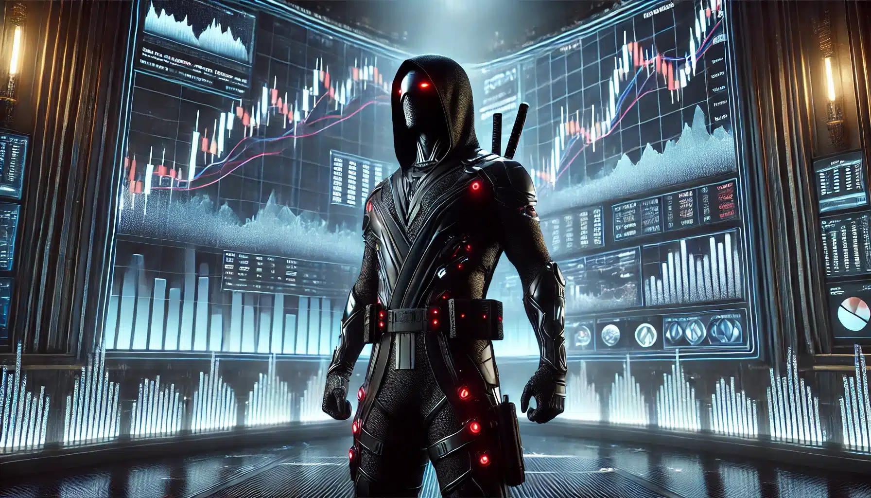 Futuristic ninja analyzing trading charts in a high-tech environment