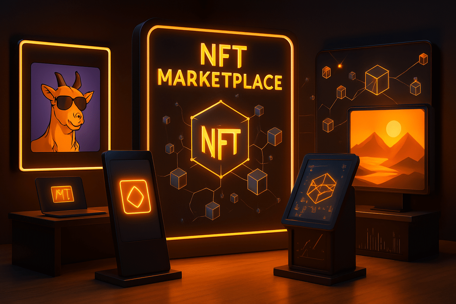 Photo-realistic 3D image of NFT marketplace launch with digital art displays and blockchain visuals