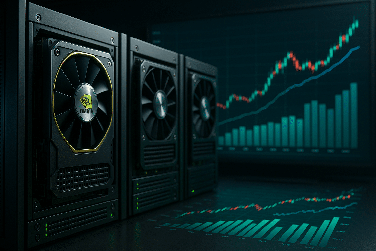 Nvidia revenue forecast analysis 3D photorealistic scene with GPU data environment