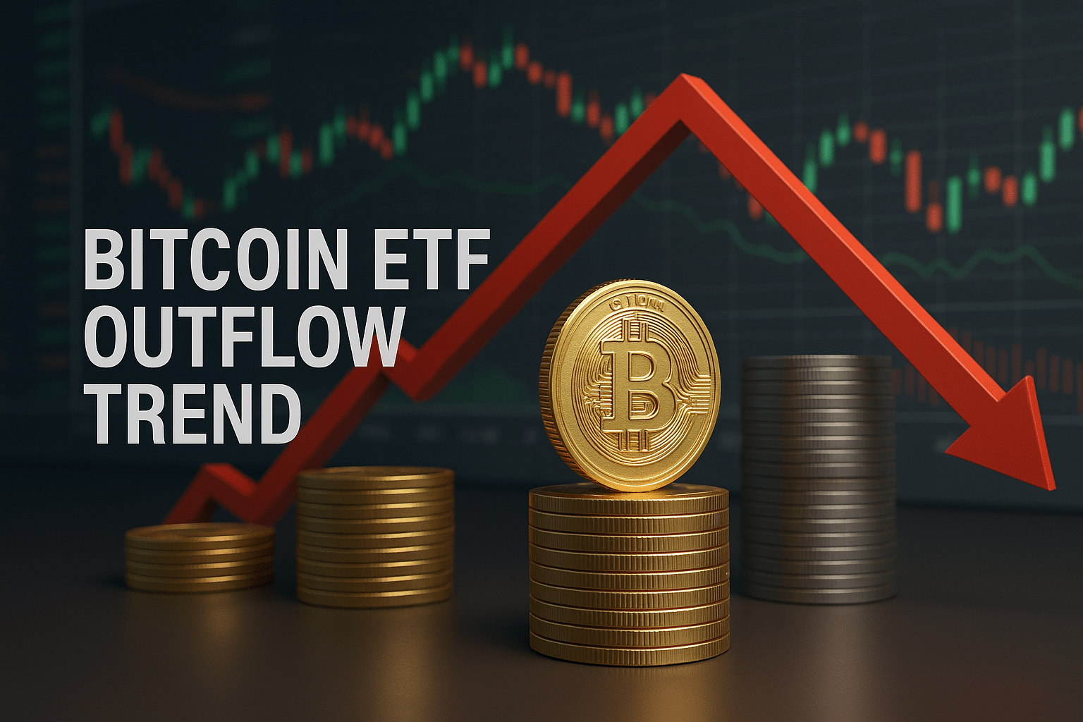 Bitcoin ETF outflow trend visualized in a photorealistic 3D market scene