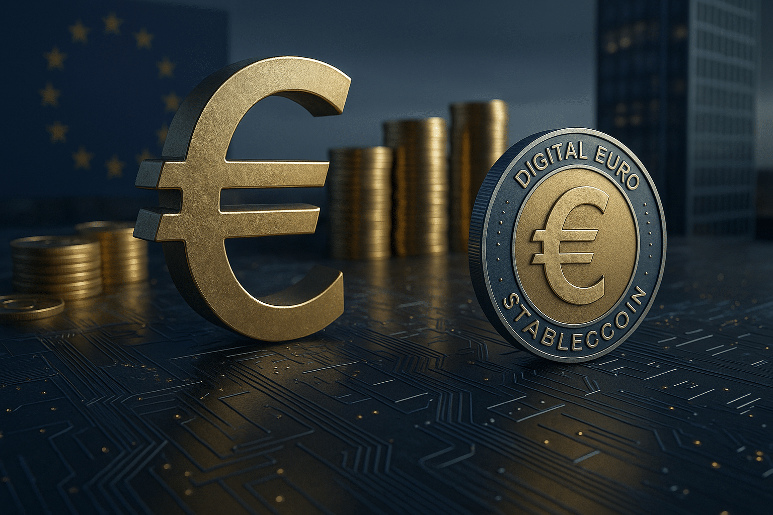 Photorealistic 3D scene illustrating European stablecoin expansion with euro symbols and digital financial elements