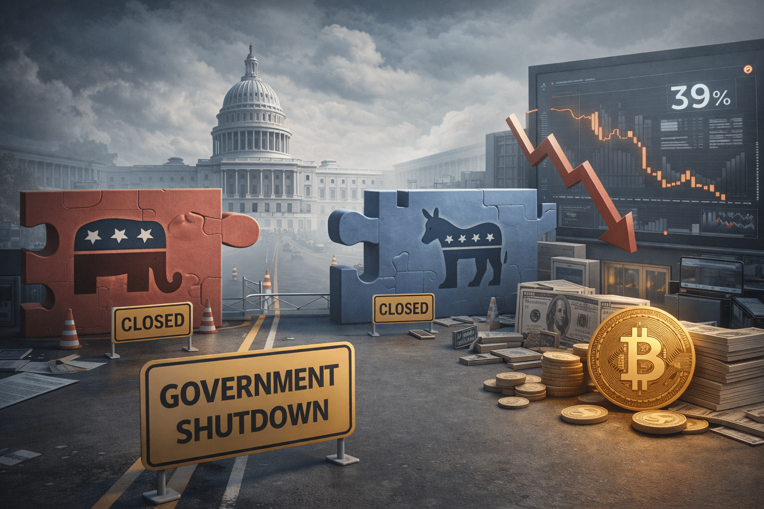 US government shutdown risk illustrated through political gridlock, budget deadlock, and macro market uncertainty impacting crypto sentiment