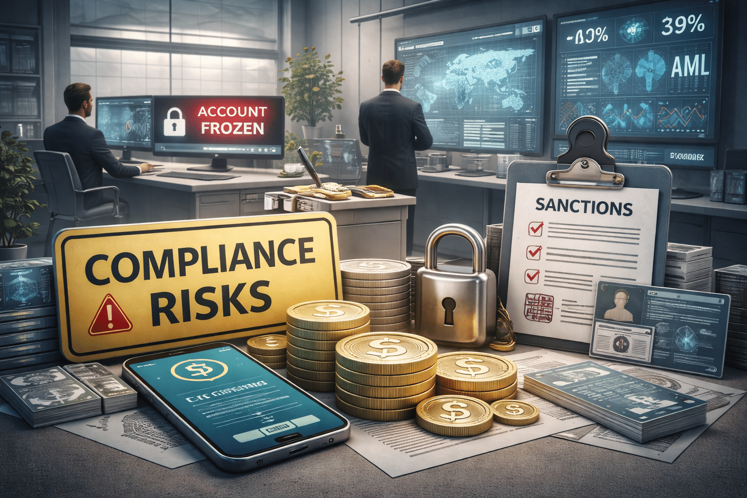 Stablecoin compliance risks visualized through banking controls, sanctions screening, and crypto payment infrastructure under regulatory pressure