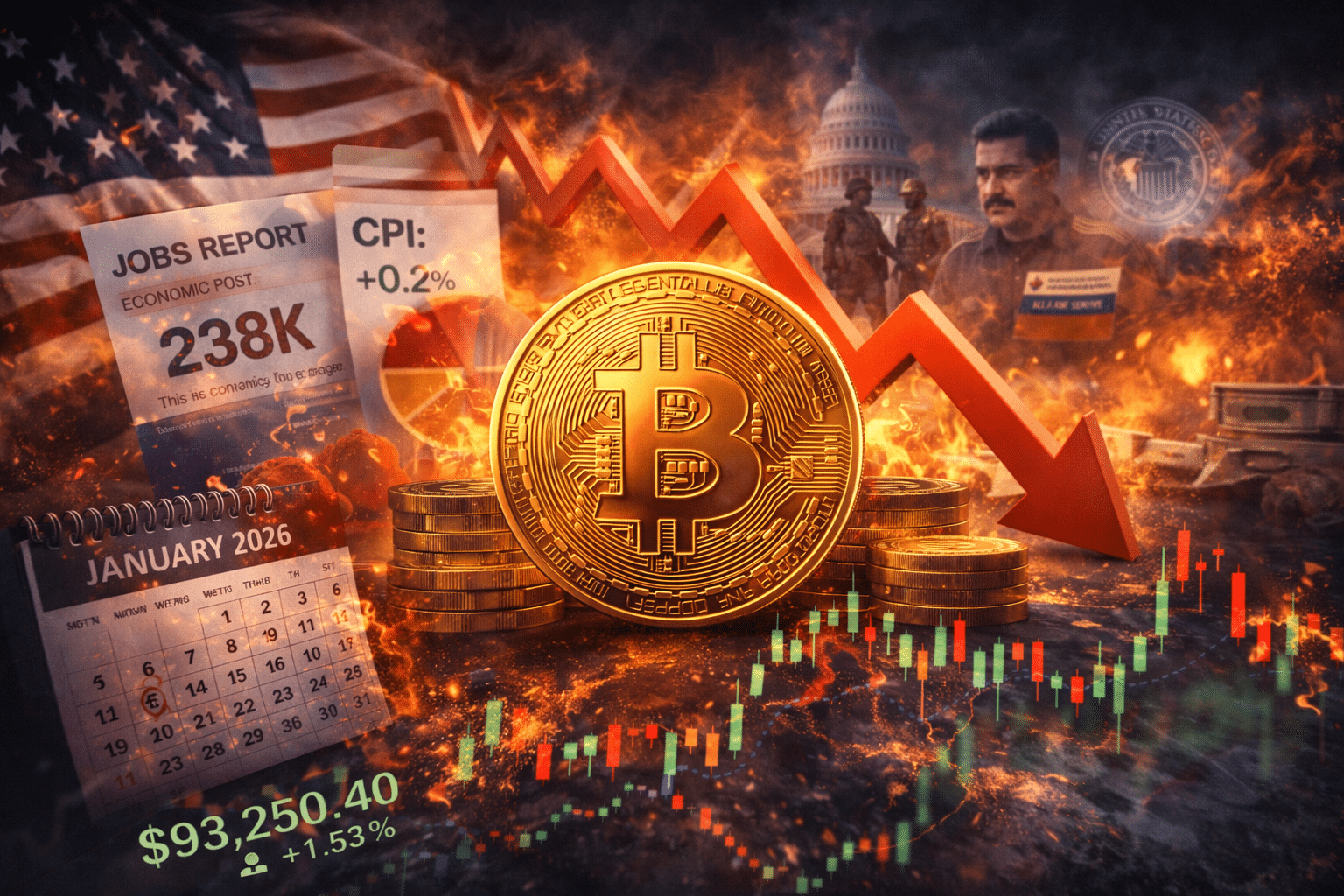 Crypto market weekly catalysts showing Bitcoin reacting to macro data and geopolitical tensions