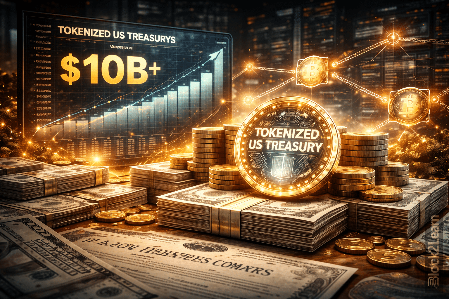 Tokenized US Treasurys market growth illustrated through onchain government bonds and institutional finance