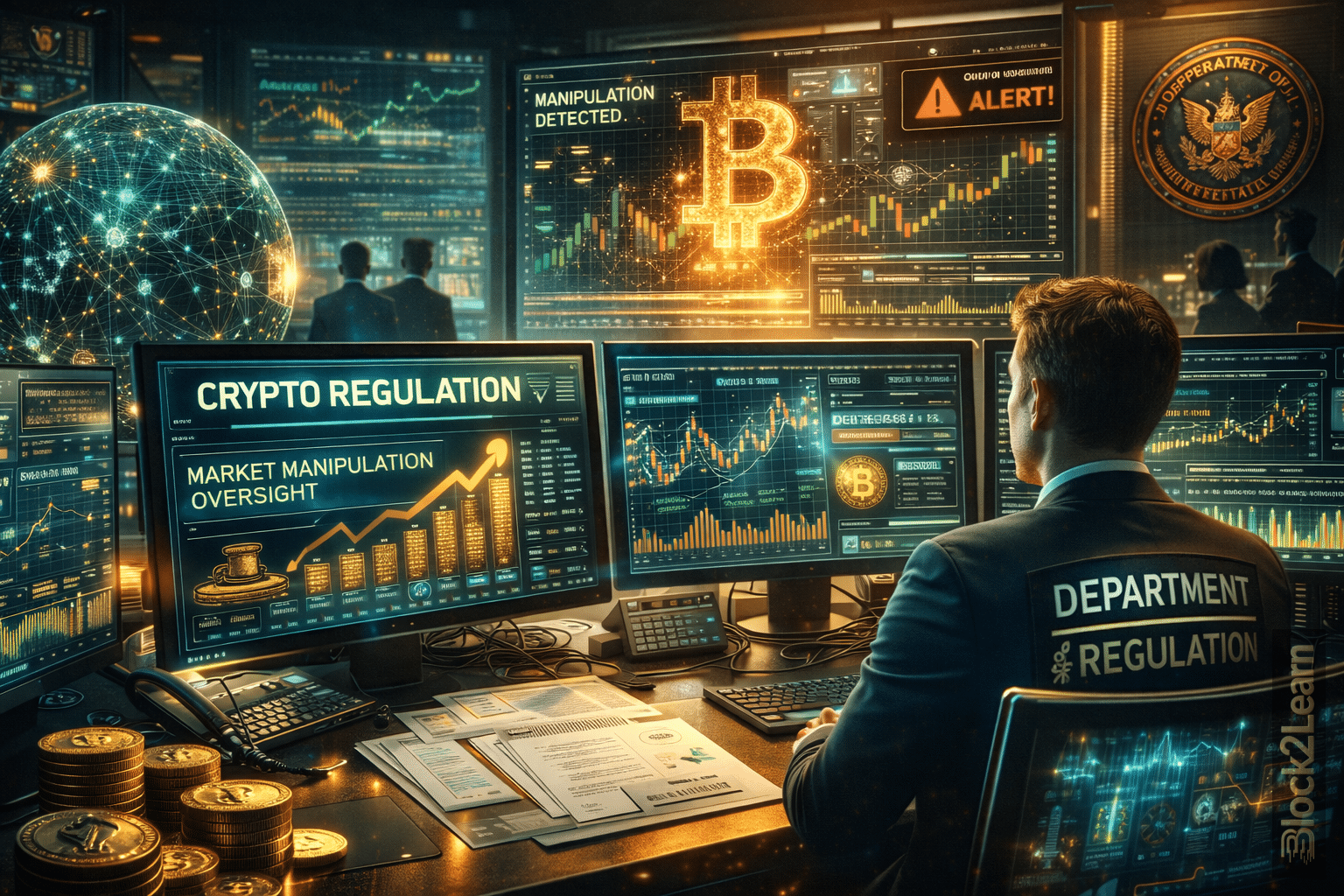 Crypto market manipulation regulation concept showing digital asset trading oversight and blockchain market surveillance systems