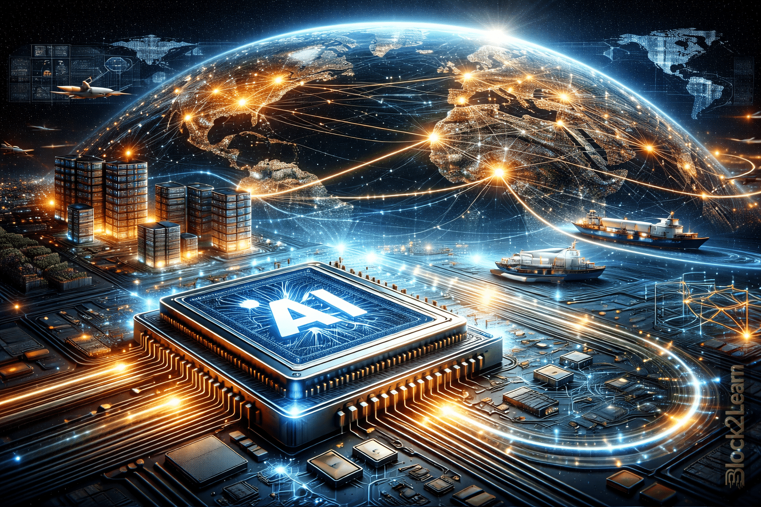AI chip export policy visualized with global semiconductor trade routes and digital technology infrastructure