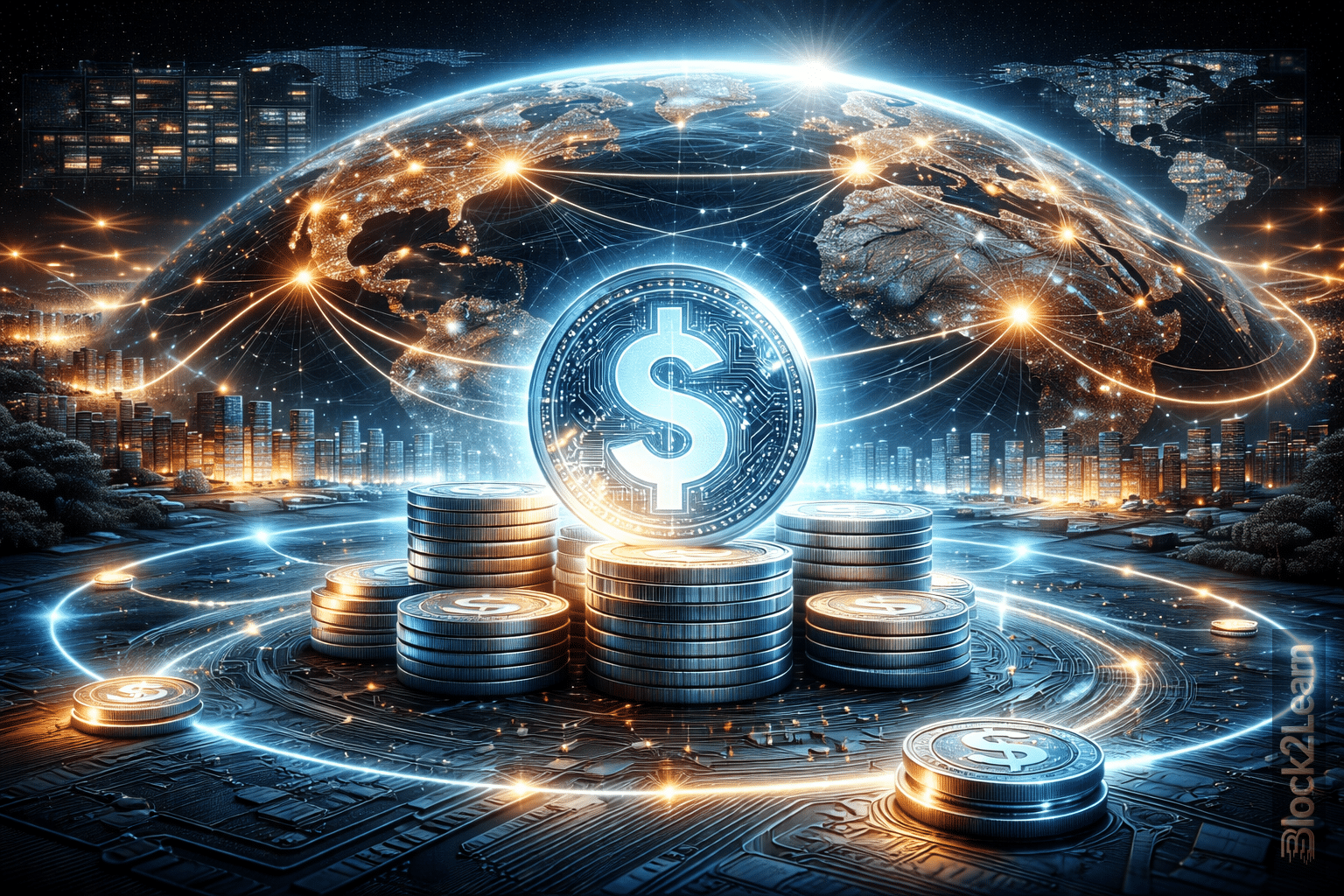 Stablecoin payment revolution visualized with digital dollar tokens and global blockchain payment networks
