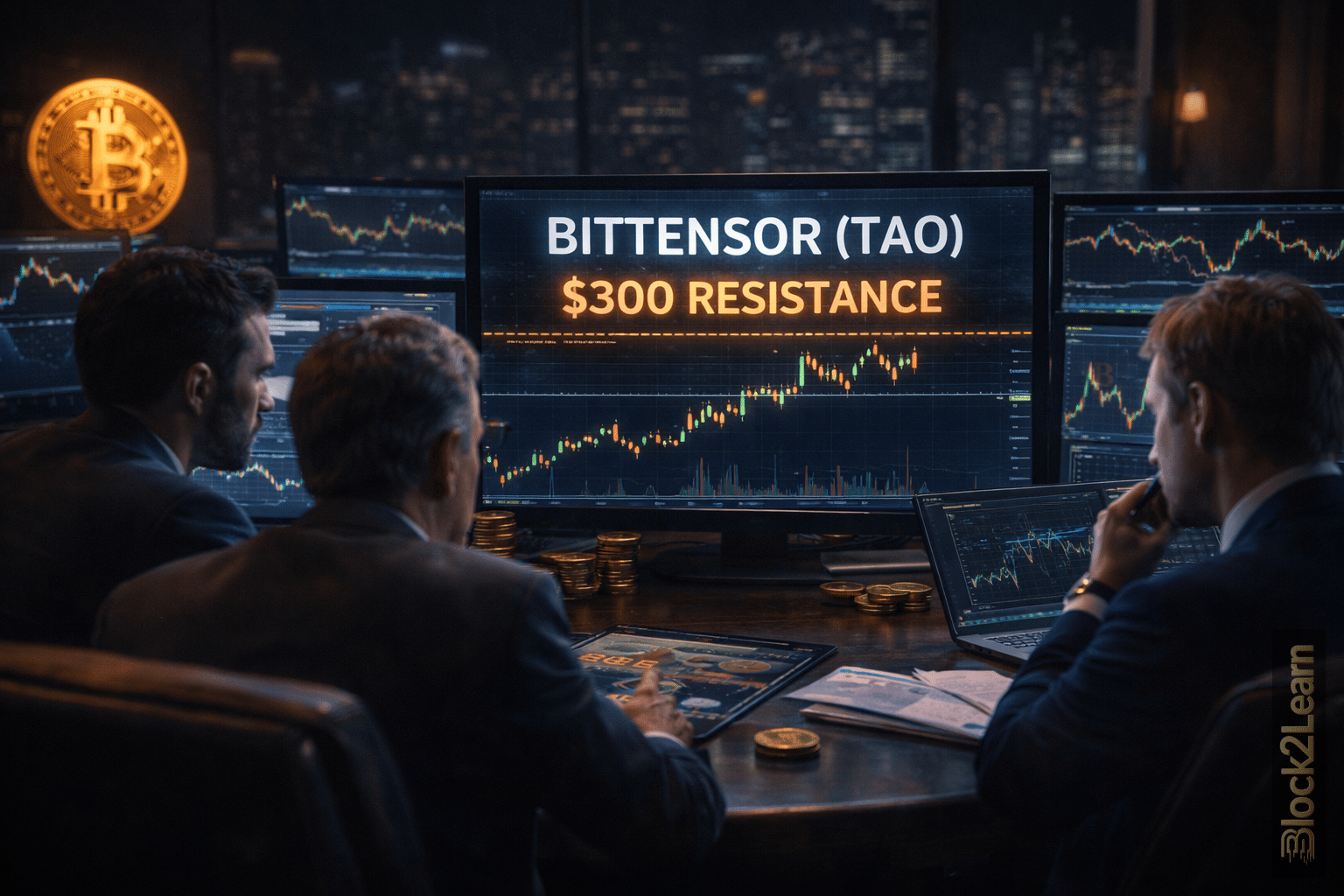 Bittensor TAO price resistance visualized with traders analyzing AI crypto charts near key levels