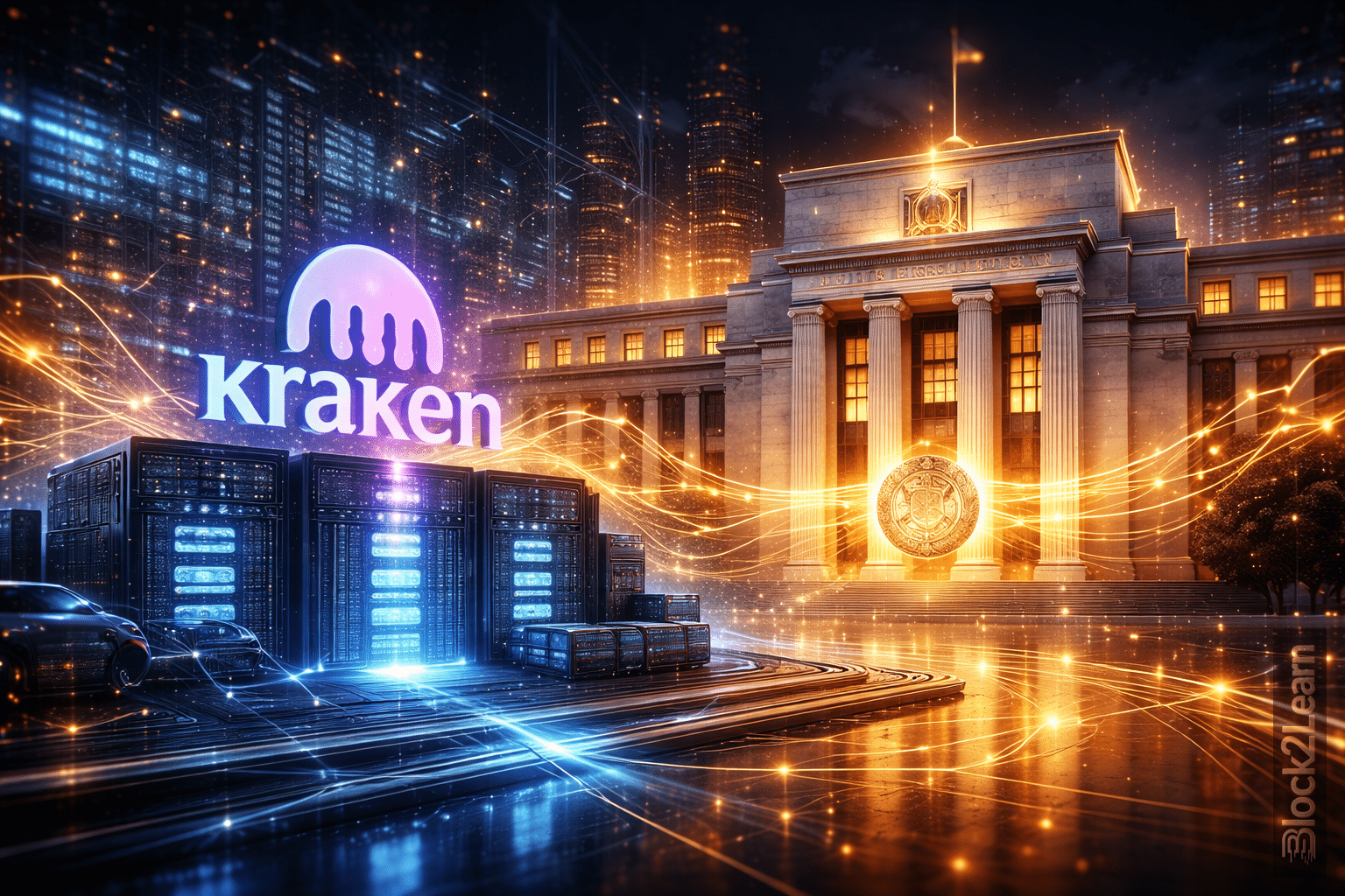 Kraken Federal Reserve master account concept showing crypto exchange integrated with central bank payment infrastructure