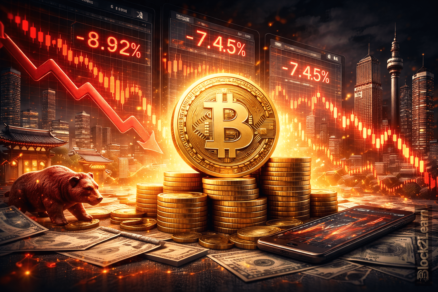 Bitcoin resilience during Asian market crash showing crypto stability while global stock markets fall