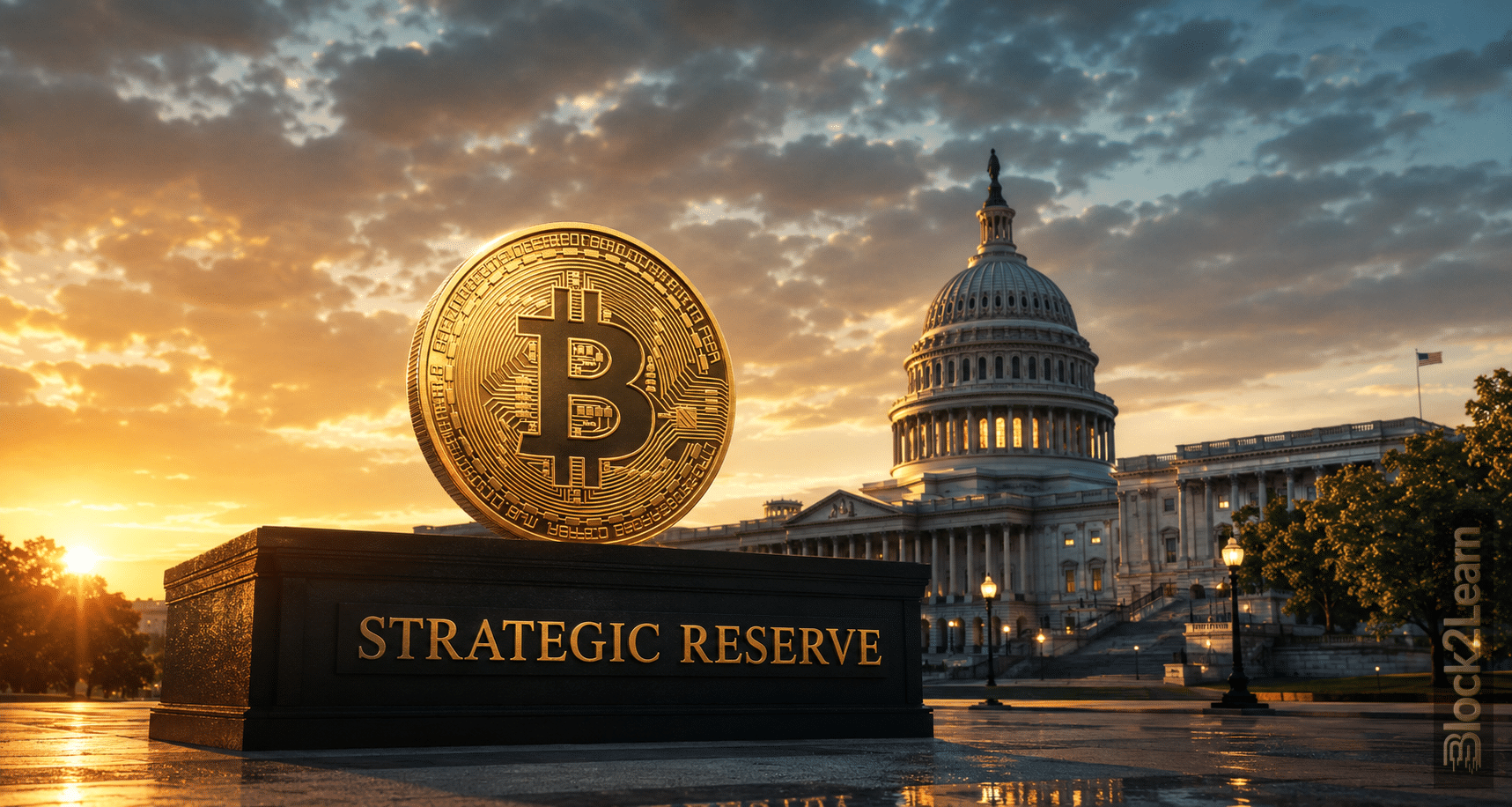 Bitcoin strategic reserve concept with Washington political backdrop and institutional crypto adoption
