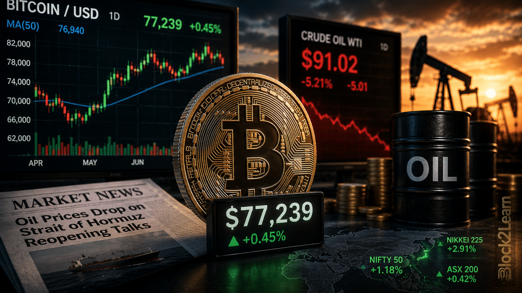 Bitcoin above $77K during falling oil prices and improving global risk sentiment
