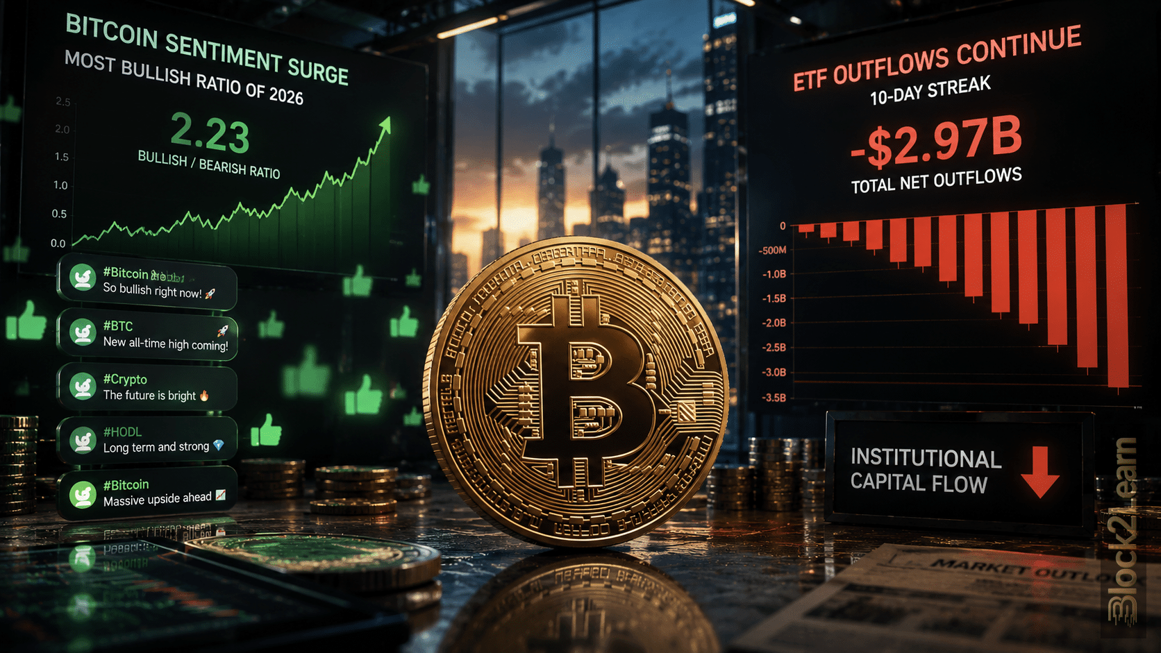 Bitcoin Sentiment Surge reaching extreme bullish levels while institutional ETF outflows continue across crypto markets