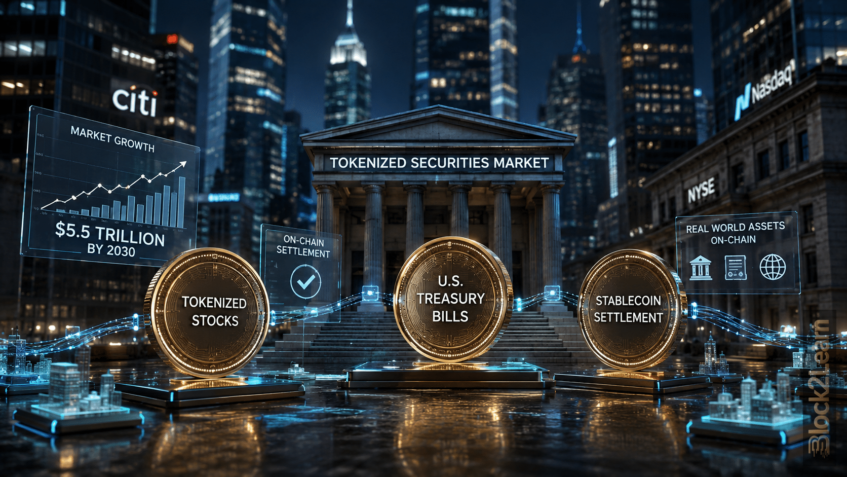 Tokenized securities market showing blockchain based stocks and Treasury bonds traded on digital financial infrastructure