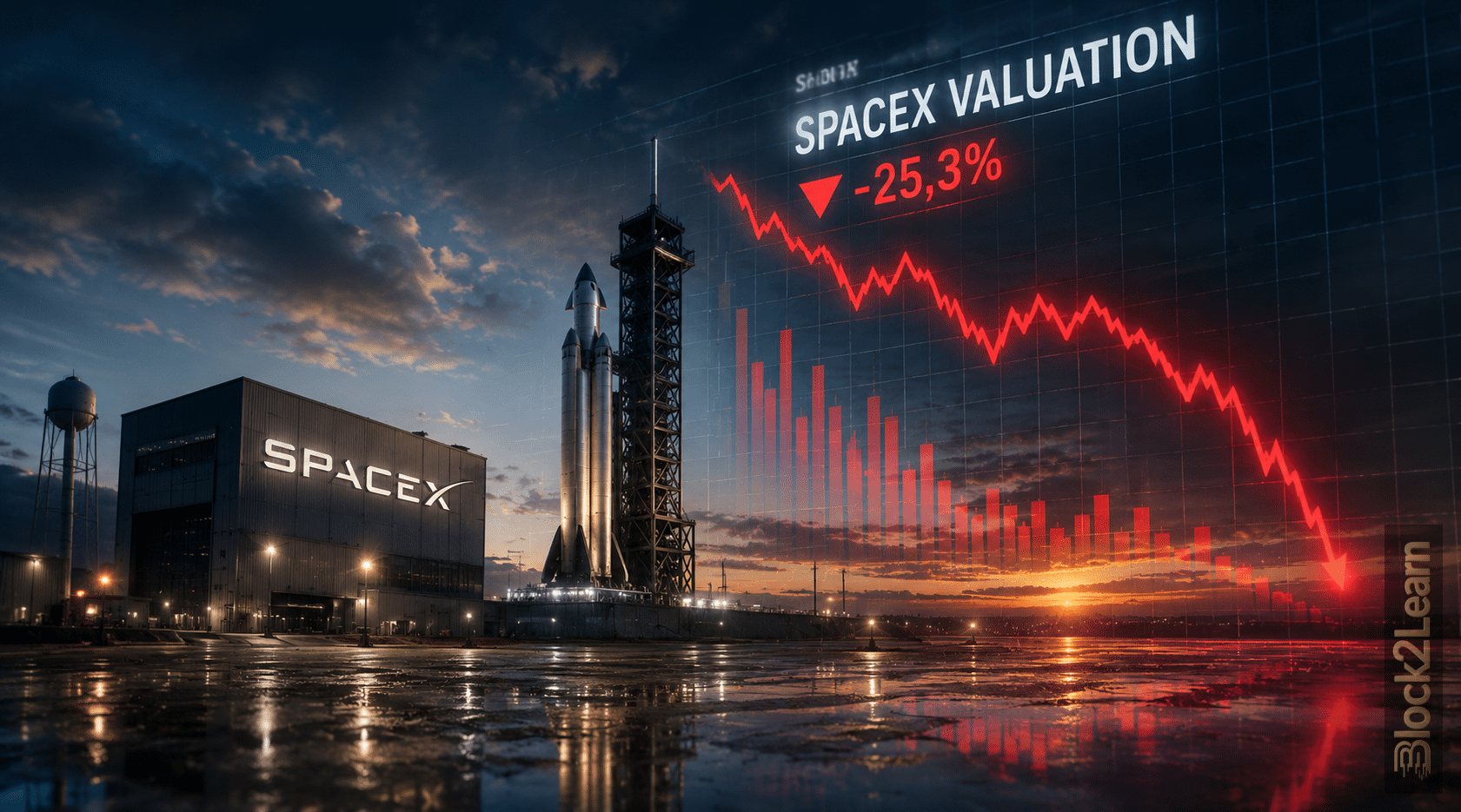 SpaceX valuation correction showing falling private market valuation, Starlink growth expectations, and investor risk assessment