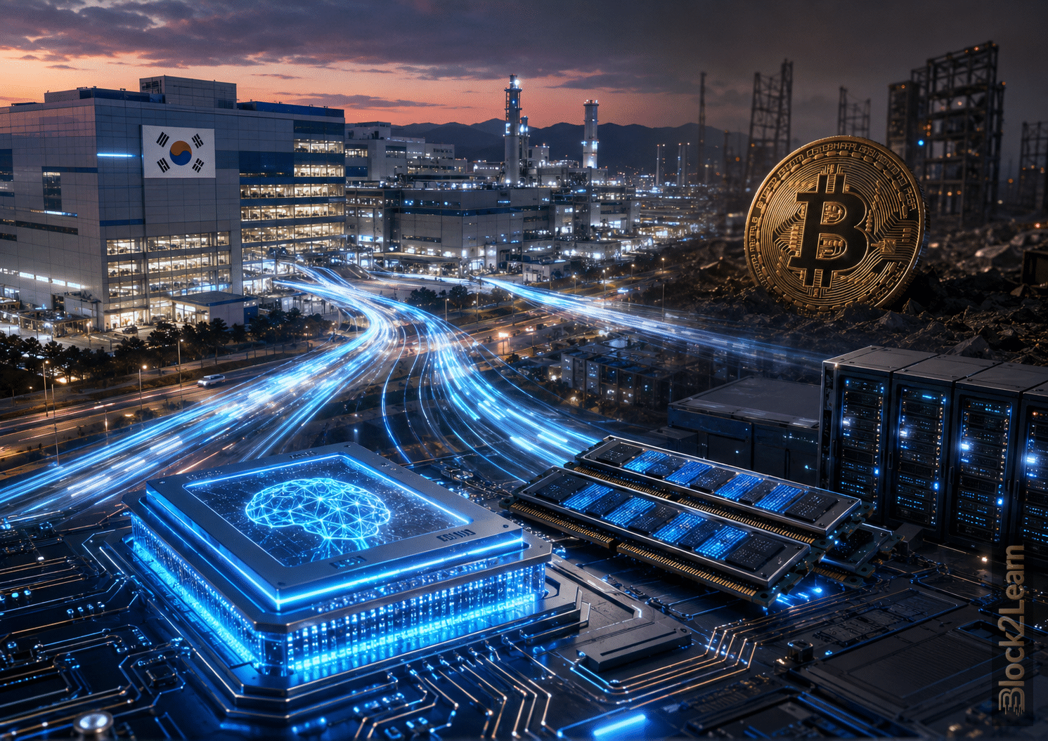 AI chip capital cycle showing South Korea semiconductor factories, HBM memory chips, data centers and Bitcoin losing capital flows to artificial intelligence infrastructure.