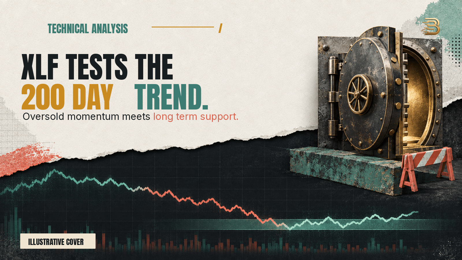 Editorial cover for XLF technical analysis showing a bank vault above a qualitative support zone